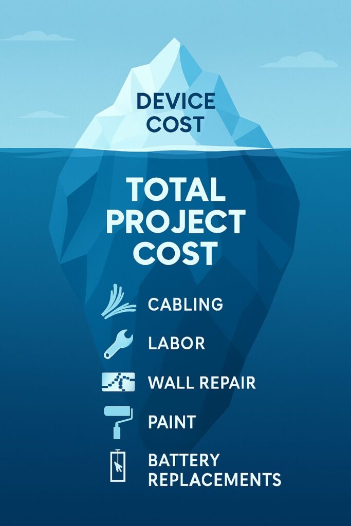 smart system cost, total cost of ownership, hidden installation fees, battery-free, no wiring, smart building budget