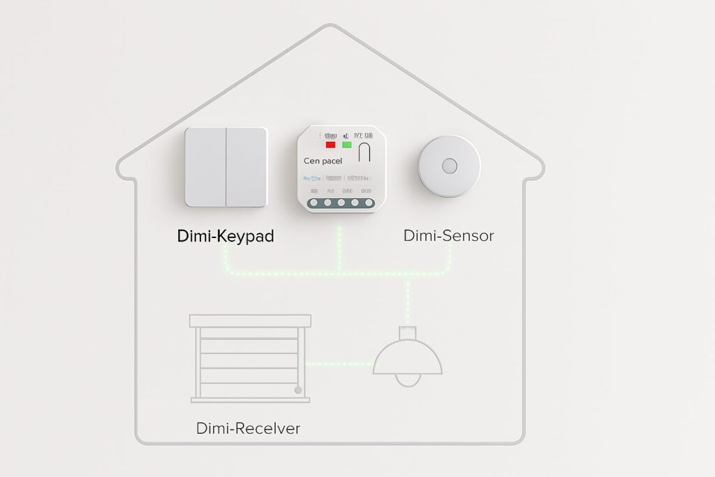 Dimi ecosystem, smart home setup, wireless automation, sensors, receivers, smart control