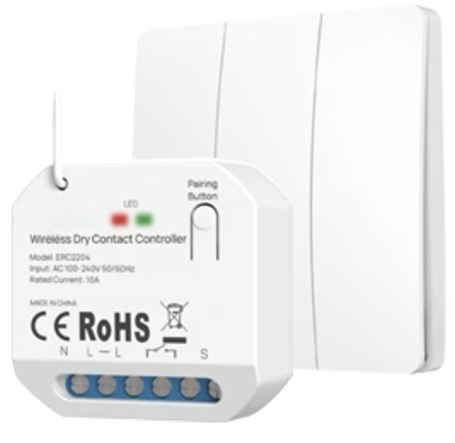 A picture of a Dimi kit inclusive of a compact receiver and a wireless self sustained switch three gangs