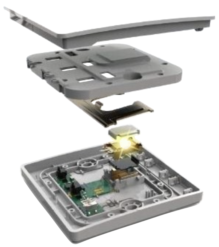 A Dimi wireless battery free self sustained switch exploded rendering view showing the power generator as a spark of power - Wireless Control Battery Free