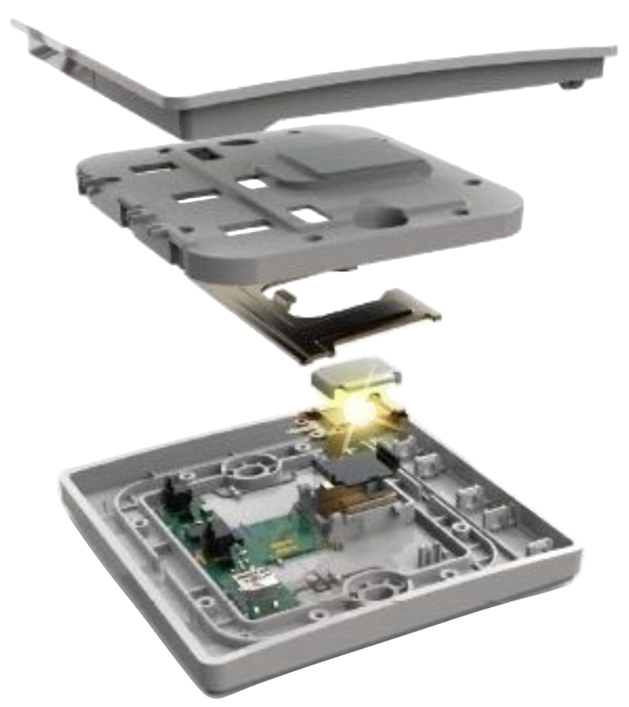 A Dimi wireless battery free self sustained switch exploded rendering view showing the power generator as a spark of power - Wireless Control Battery Free