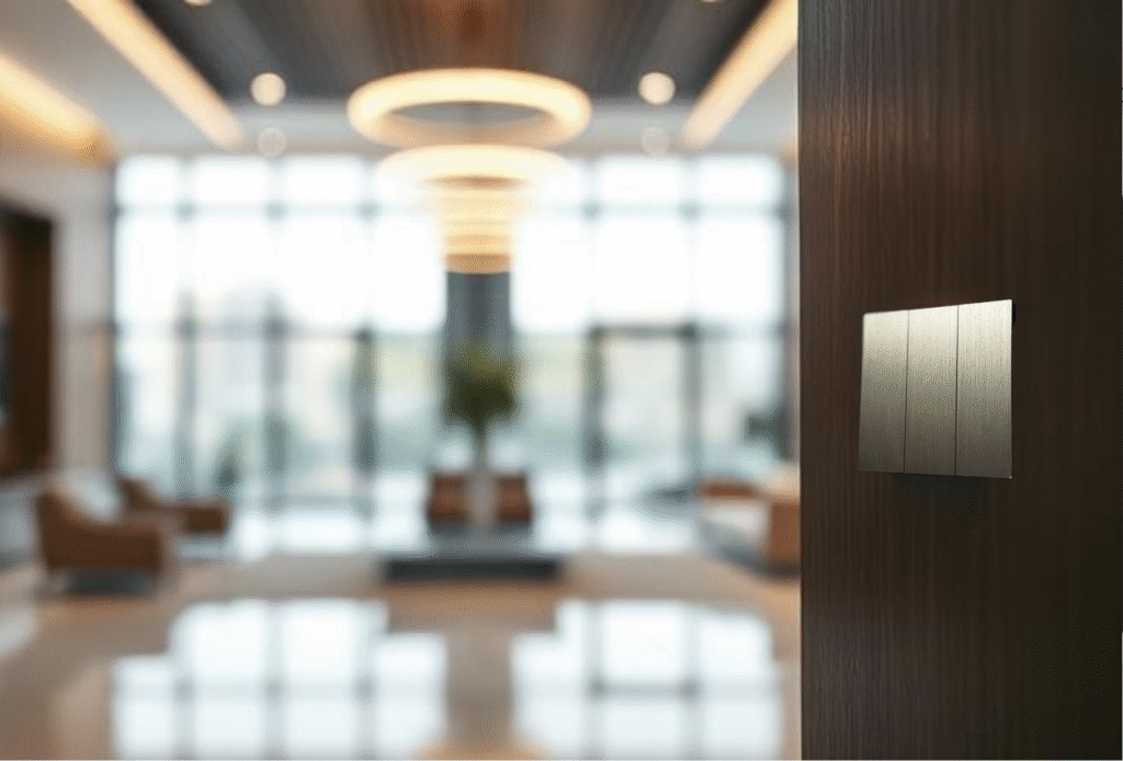 Wireless battery free Dimi switch with metal finishes installed at the entrance of luxury living room on a wooden surface for lighting control purpose. Wireless Solutions for Home & Business.