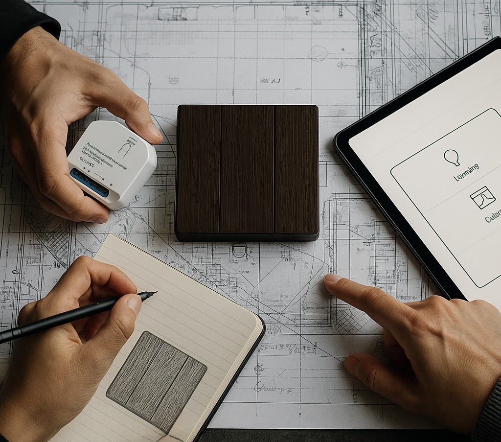 Team at work on a meeting room table with drawing and devices optimizing products and design
