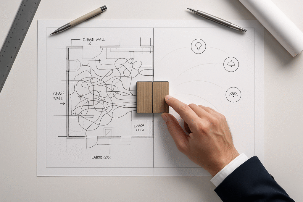 Drawing with complex and challenging installation on left side and clear installation with Dimi on the right side then a dimi switch put in the middle showing as the tool of transition from complex to effortless