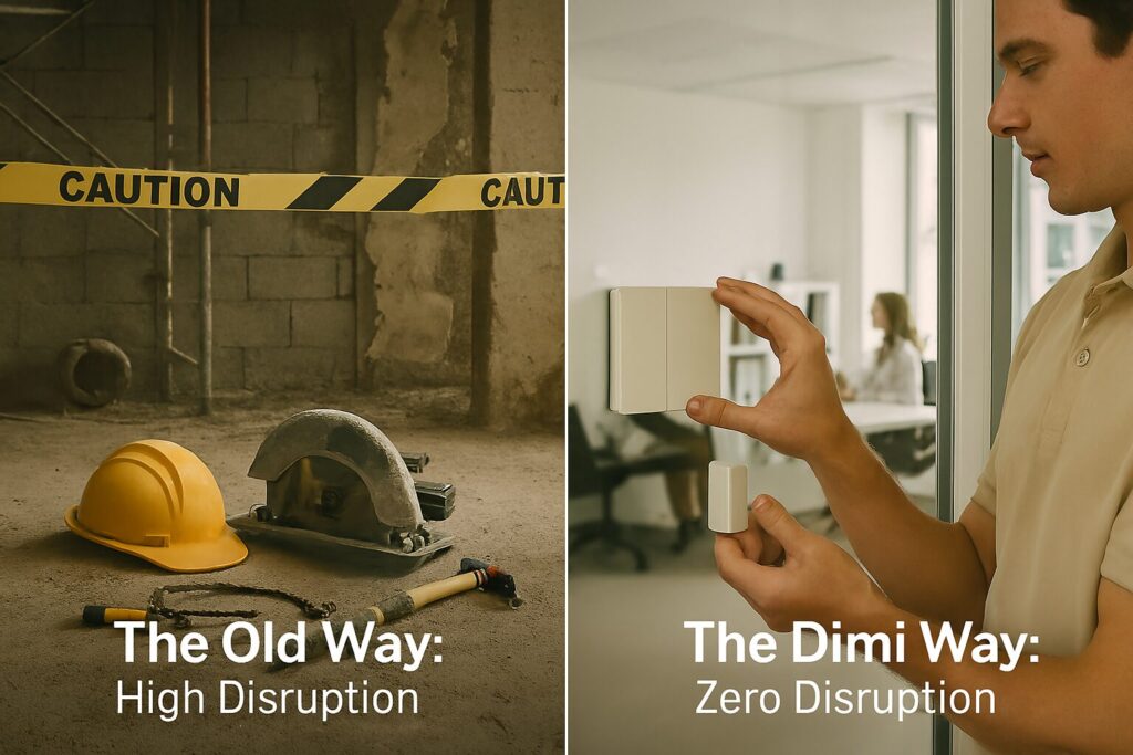 smart hotel upgrade split screen showing disruptive installation and Dimi