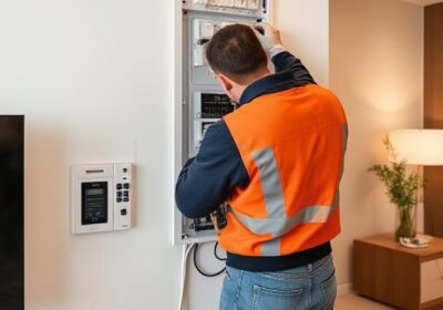 Back view of technician wearing PPE installing dimi receivers inside electrical distribution panel