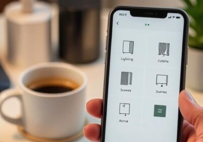 A clean smart home UI with icons for lighting, curtains, and scenes.
