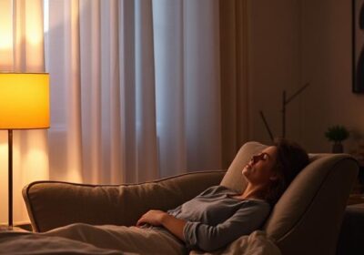 Cosy room while light gradually dimming, curtains closing, or soft lighting turning on while someone relaxes