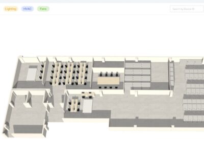 Monitoring software used for lighting and HVAC control floor plan of a smart building showing 3d floor plan