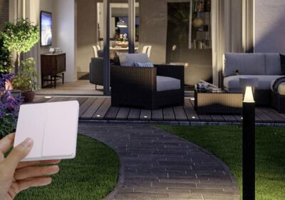 Dimi wireless switch steady wireless signal while from outdoor landscape the property owner switching the light in the garden