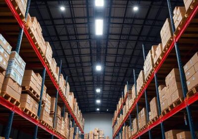 Big warehouse with racks well organized loaded of materials inside carton boxes with nice industrial lighting fixture installed at high ceiling with wireless lighting control installed